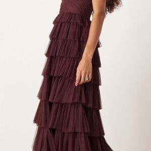 ASOS Petite Lace and Beads bow shoulder tulle maxi dress in plum